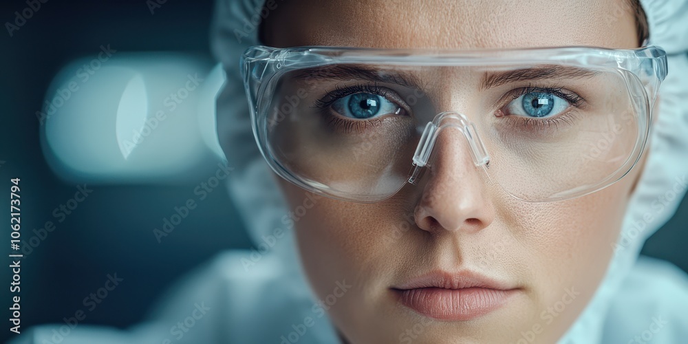 Focused scientist with protective eyewear and a serious expression. Focused scientist with protective eyewear and a serious expression.