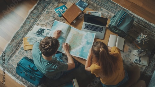 Couple Planning a Trip on the Floor

