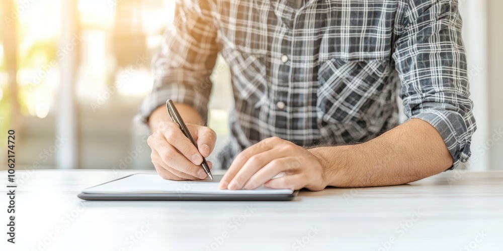 Hands writing on tablet with natural light in modern workspace Hands writing on tablet with natural light in modern workspace