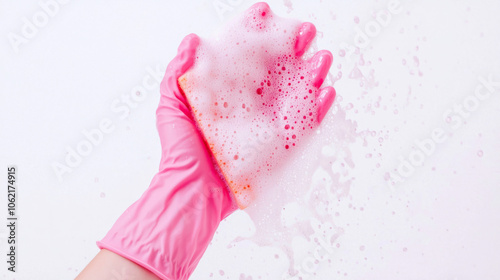 Wallpaper Mural Cleaning with a pink glove and sponge as bubbles fly in a bright kitchen Torontodigital.ca