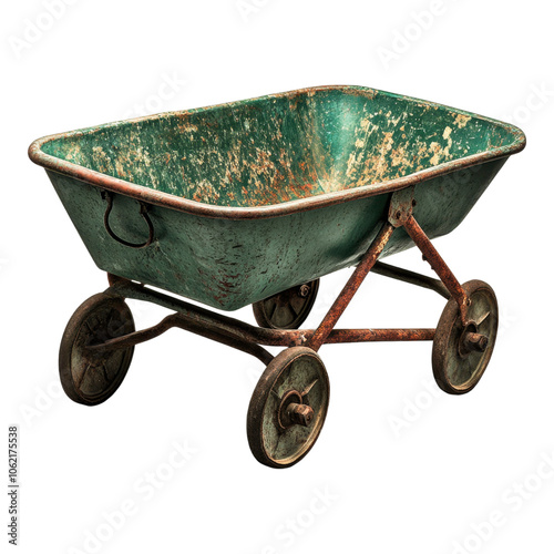 A vintage, worn wheelbarrow with a green metal body, rusty frame, and four wheels, set against a black background. photo