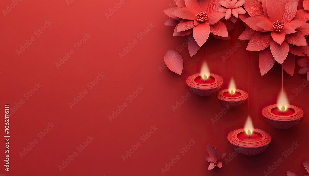 Diwali background with Indian flower ornament hanging and oil lamp on a red color background, 3D illustration,generative ai Diwali background with Indian flower ornament hanging and oil lamp on a red color background, 3D illustration,generative ai