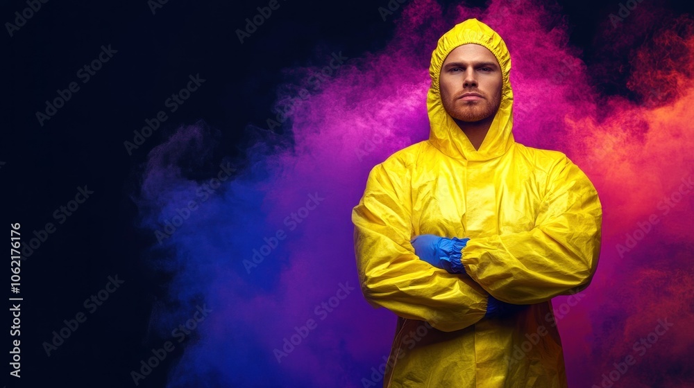 Dressed in a bright yellow protective suit, an individual poses with arms crossed, showcasing confidence amidst a backdrop of colorful mist. The atmosphere is dramatic and visually striking Dressed in a bright yellow protective suit, an individual poses with arms crossed, showcasing confidence amidst a backdrop of colorful mist. The atmosphere is dramatic and visually striking