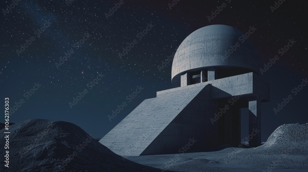 Futuristic Brutalist Observatory at Night with City Silhouette - Ultra-Detailed 3D Render Illustration Futuristic Brutalist Observatory at Night with City Silhouette - Ultra-Detailed 3D Render Illustration