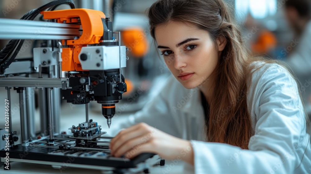 A young woman in a lab coat is intently operating a precision machine in a well-lit laboratory, focusing on a mechanical project A young woman in a lab coat is intently operating a precision machine in a well-lit laboratory, focusing on a mechanical project