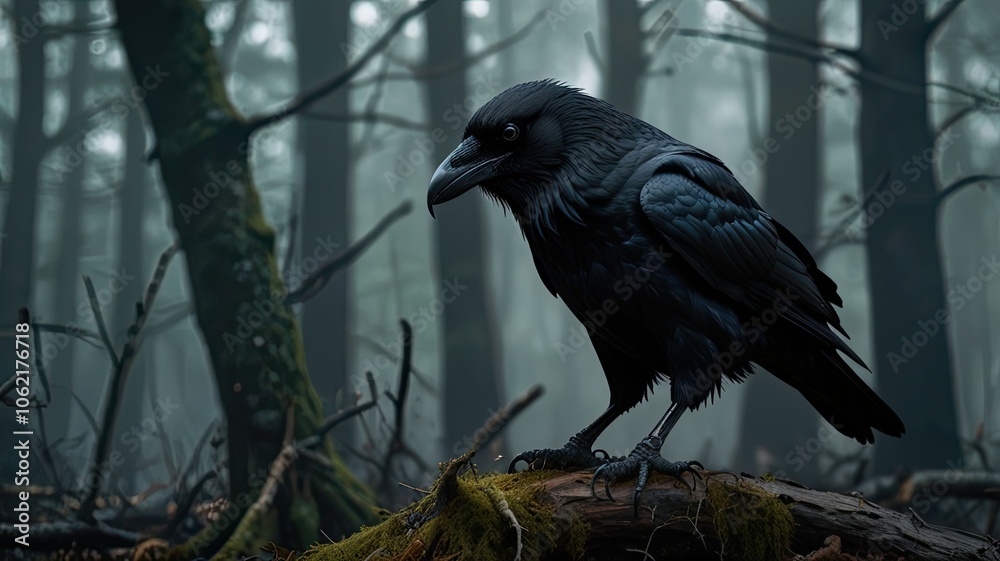 A raven stands on a log covered in moss among dark trees in a foggy forest during the early morning light creating an eerie atmosphere A raven stands on a log covered in moss among dark trees in a foggy forest during the early morning light creating an eerie atmosphere
