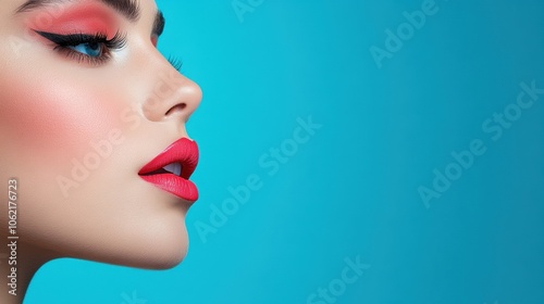 A model poses confidently, highlighting her elegantly styled hair and stunning makeup, featuring vivid red lipstick and winged eyeliner, all set against a bright blue background