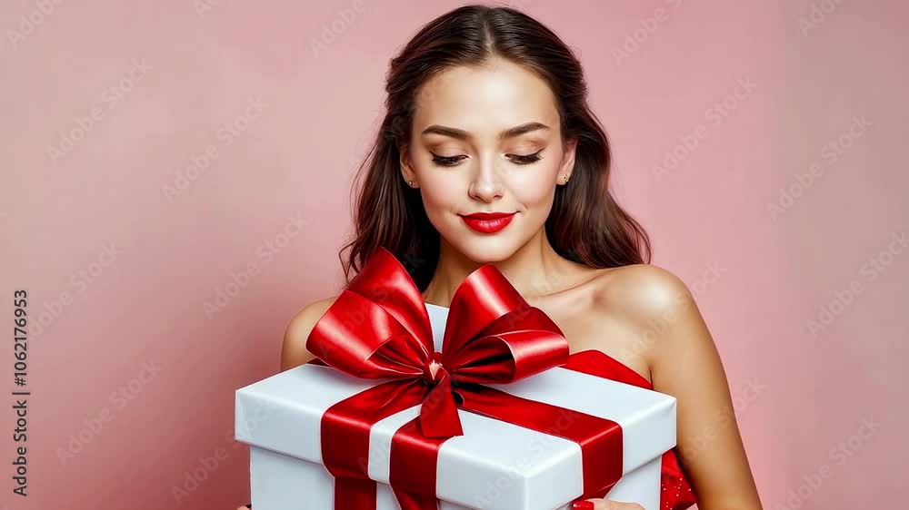 Beautiful and happy girl in New Year's outfit with gifts in her hands Beautiful and happy girl in New Year's outfit with gifts in her hands