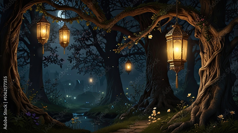 In a tranquil forest at night glowing lanterns hang from gnarled branches casting a warm light along a winding path surrounded by lush greenery In a tranquil forest at night glowing lanterns hang from gnarled branches casting a warm light along a winding path surrounded by lush greenery
