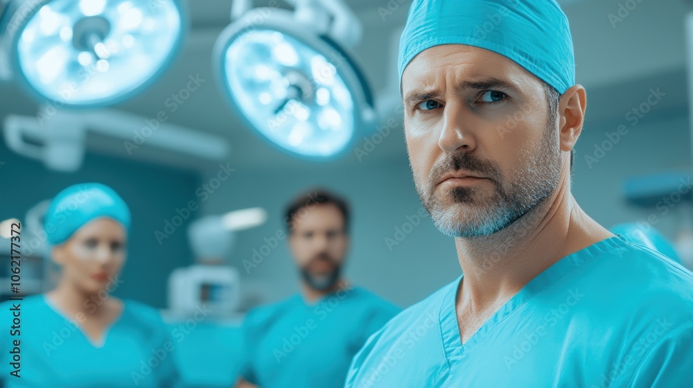 Fototapeta premium A focused surgeon stands in a modern operating room, surrounded by a skilled medical team, preparing for an important surgical procedure under bright lights