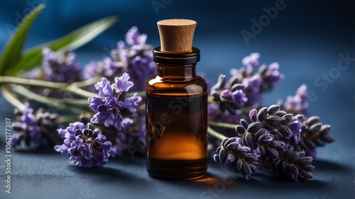 aesthetic bottle of essential oil on a blue silk background. Lavender on the side