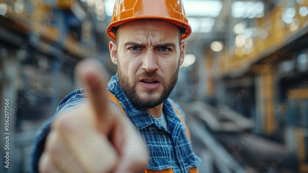 Factory worker expressing frustration over safety concerns, symbolizing the conflicts that arise over health and safety regulations Factory worker expressing frustration over safety concerns, symbolizing the conflicts that arise over health and safety regulations