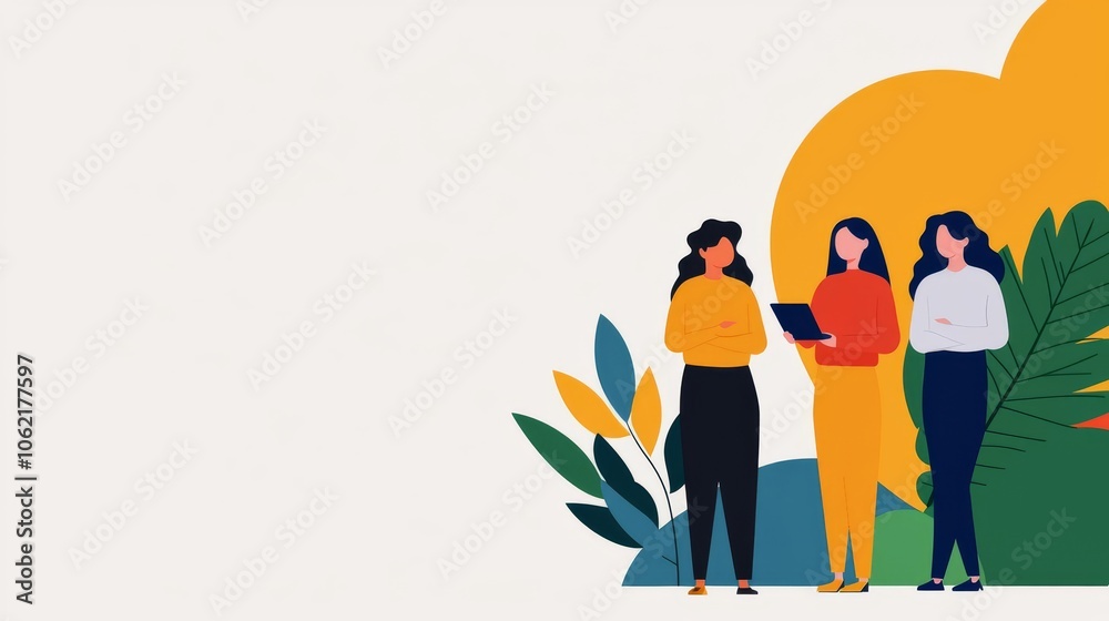 Three women collaborate on a digital device amidst a vibrant nature-inspired background Three women collaborate on a digital device amidst a vibrant nature-inspired background