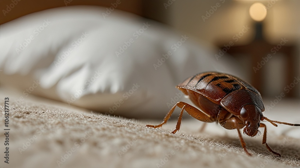 A bedbug is seen crawling on the fabric of a bed near a pillow in a cozy bedroom as soft lighting creates a warm atmosphere A bedbug is seen crawling on the fabric of a bed near a pillow in a cozy bedroom as soft lighting creates a warm atmosphere