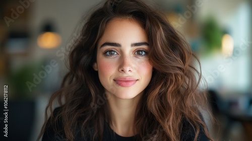 Wallpaper Mural A young woman with long, wavy hair and an inviting smile sits in a bright and comfortable indoor space, reflecting a relaxed and cheerful demeanor Torontodigital.ca