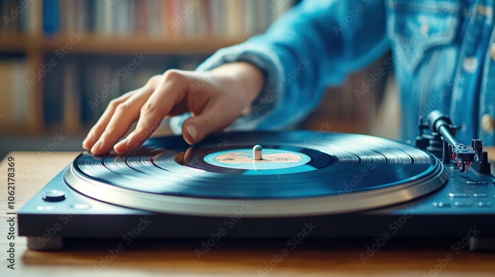A person with a denim jacket attentively spins a vinyl record on a turntable in a warmly lit room surrounded by filled bookshelves, creating a nostalgic atmosphere A person with a denim jacket attentively spins a vinyl record on a turntable in a warmly lit room surrounded by filled bookshelves, creating a nostalgic atmosphere