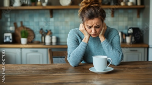 Mother sitting alone at the kitchen table late at night, thinking about family problems and the pressures of holding everything together, photo