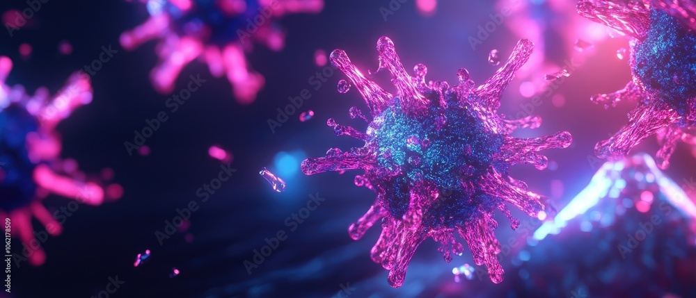 Colorful, abstract representation of a virus on a dark background. Colorful, abstract representation of a virus on a dark background.