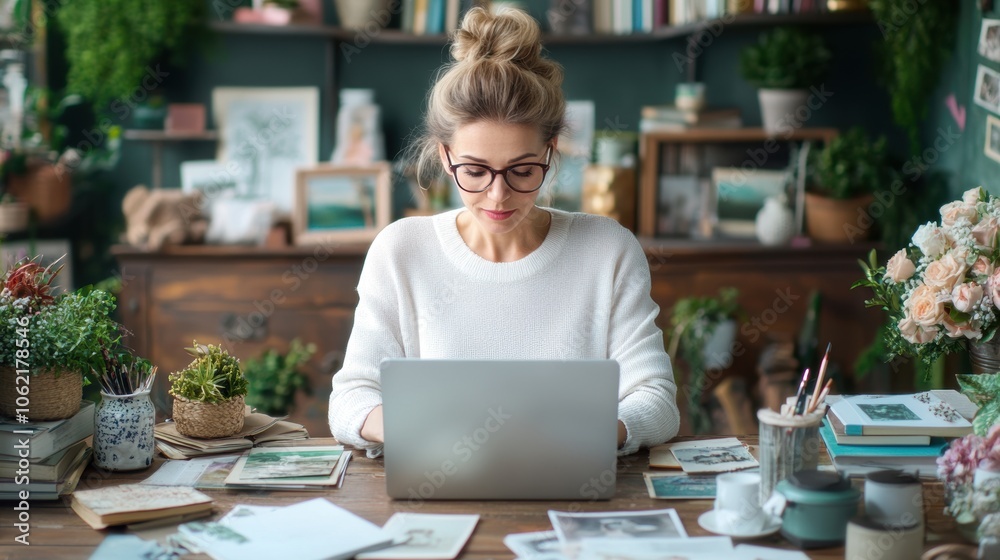 A young woman sits at a wooden desk focused on her laptop, surrounded by plants, books, and art supplies, creating a warm and inviting workspace in daylight A young woman sits at a wooden desk focused on her laptop, surrounded by plants, books, and art supplies, creating a warm and inviting workspace in daylight