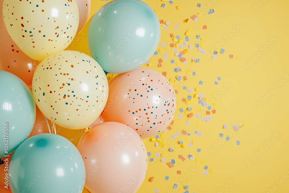 Colorful balloons with confetti on a vibrant yellow background for celebrations and festive occasions. Colorful balloons with confetti on a vibrant yellow background for celebrations and festive occasions.