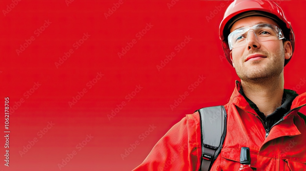 Fototapeta premium Confident worker in red safety gear with a bold backdrop.