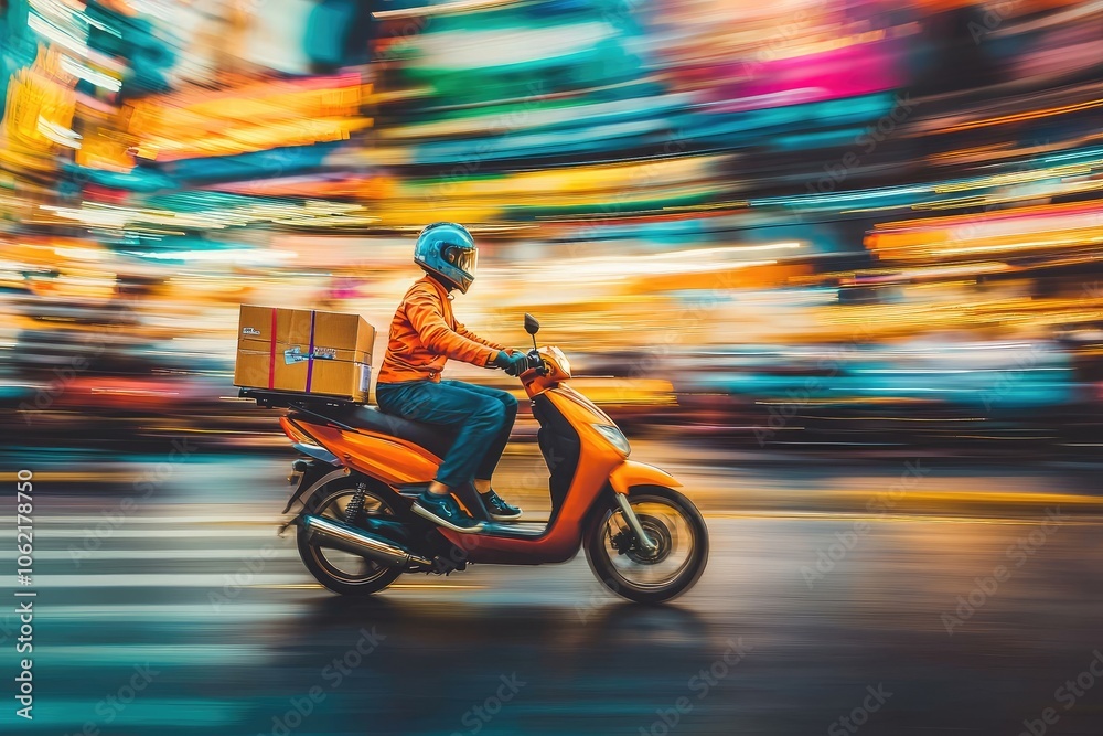 Fototapeta premium Delivery rider on scooter in a vibrant cityscape, blurred motion background.