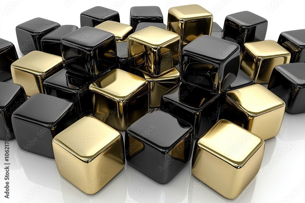 Glossy black and gold cubes, clustered on a reflective surface. Glossy black and gold cubes, clustered on a reflective surface.