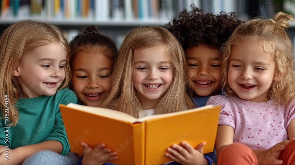 A group of five children sits closely together, sharing smiles and laughter as they explore a colorful book in a warm library environment filled with bookshelves A group of five children sits closely together, sharing smiles and laughter as they explore a colorful book in a warm library environment filled with bookshelves