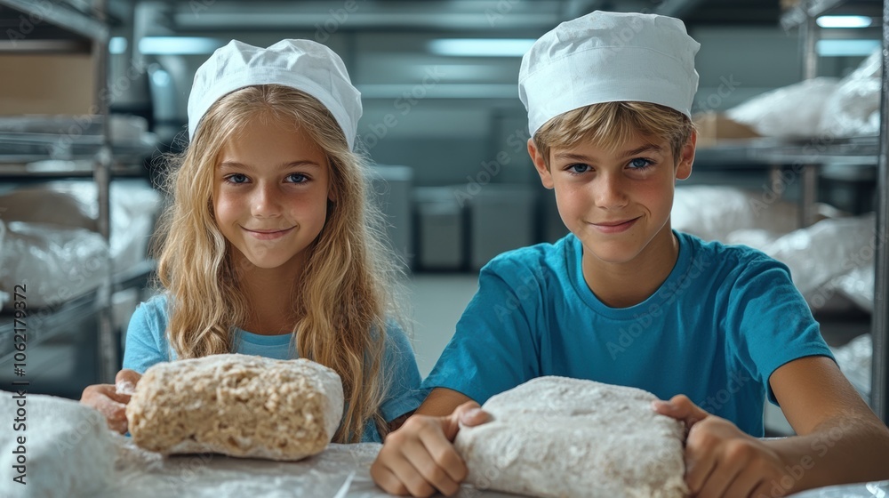 Two kids, wearing traditional chef hats and blue shirts, are smiling as they hold up their homemade treats in a well-lit kitchen filled with baking supplies and ingredients Two kids, wearing traditional chef hats and blue shirts, are smiling as they hold up their homemade treats in a well-lit kitchen filled with baking supplies and ingredients