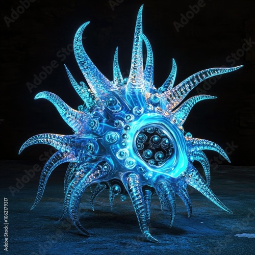 Unique vibrant blue organism with spiky tentacles on a dark background. photo