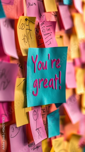 Showcasing a sea of sticky notes with a central blue note that declares 'You're great!', this image symbolizes gratitude and creative expression. photo