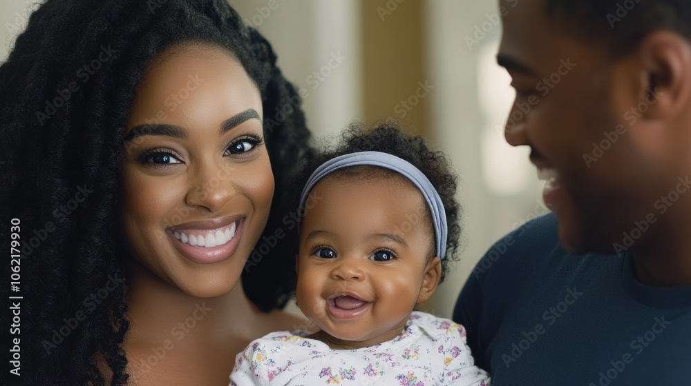 A joyful mother and father proudly hold their smiling baby in a warm, inviting home environment filled with natural light, capturing a moment of love and happiness A joyful mother and father proudly hold their smiling baby in a warm, inviting home environment filled with natural light, capturing a moment of love and happiness