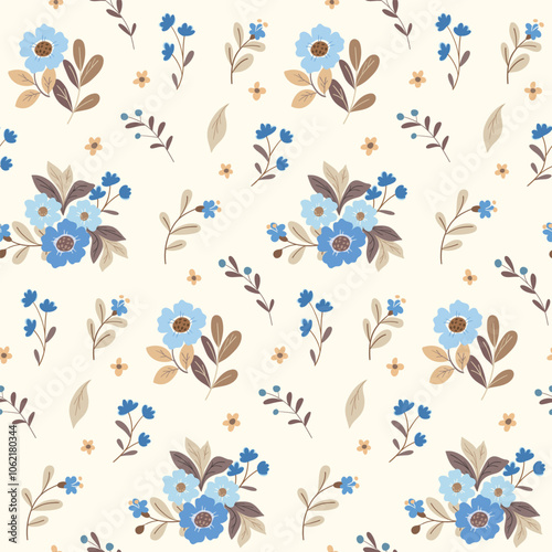 Seamless floral pattern, delicate ditsy print, abstract ornament of hand drawn winter, autumn plants. Cute botanical design: large blue flowers, brown leaves, small bouquets. Vector illustration.