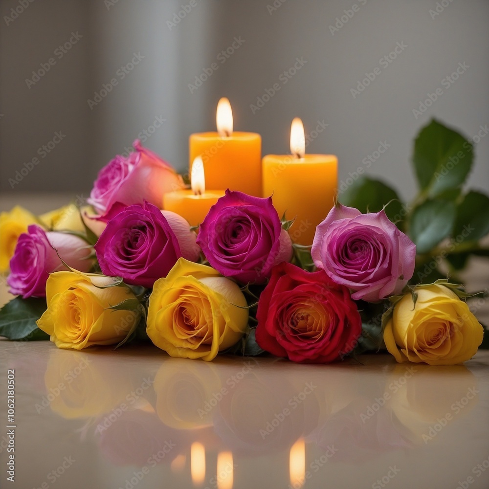 Fototapeta premium Ein Meer aus Rosen und Kerzen. Generative AI Technologie