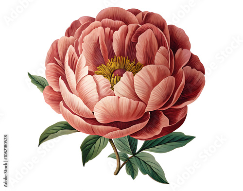 Fototapeta Naklejka Na Ścianę i Meble -  A vibrant pink peony blossom with green leaves isolated on a white background.AI GENERATED