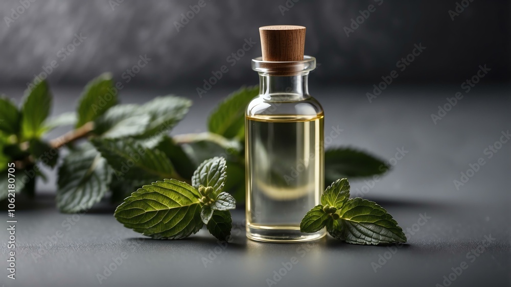 aesthetic bottle of essential oil on a gray silk background. Peppermint on the side. aesthetic bottle of essential oil on a gray silk background. Peppermint on the side.