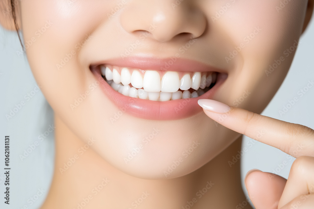 Obraz premium Close-up of a woman’s mouth showing a bright, white smile, with her finger gently pointing at her teeth isolated on white