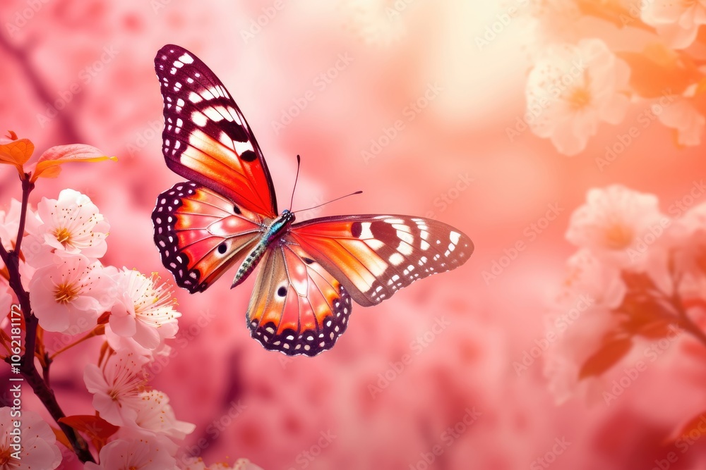 Naklejka premium Close-up of a vibrant butterfly hovering among pink cherry blossoms with soft sunlight in the background. Nature and spring concept. Design for wallpaper, poster, greeting card, print.