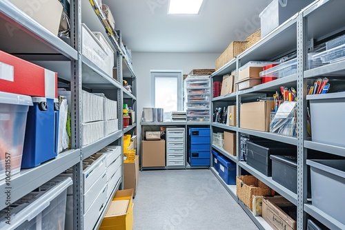 Organized storage room with shelves and labeled boxes