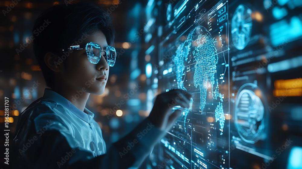 Young man interacting with futuristic digital interface, showcasing global data visualization and technology. scene conveys innovation and intelligence Young man interacting with futuristic digital interface, showcasing global data visualization and technology. scene conveys innovation and intelligence