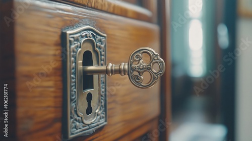 Close up of antique key inserting into wooden furniture lock photo