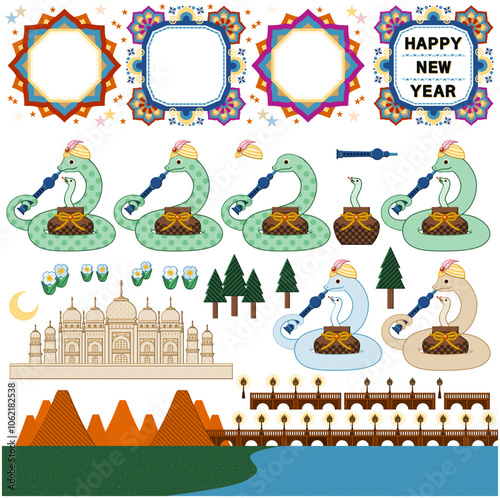 巳年イラスト年賀状デザイン素材「インドの蛇使い蛇と曼荼羅フレーム枠」HAPPY NEW YEAR
（Year of the snake illustration new year's card greeting postcard design material Indian snake charmer snake and mandala frame.）
