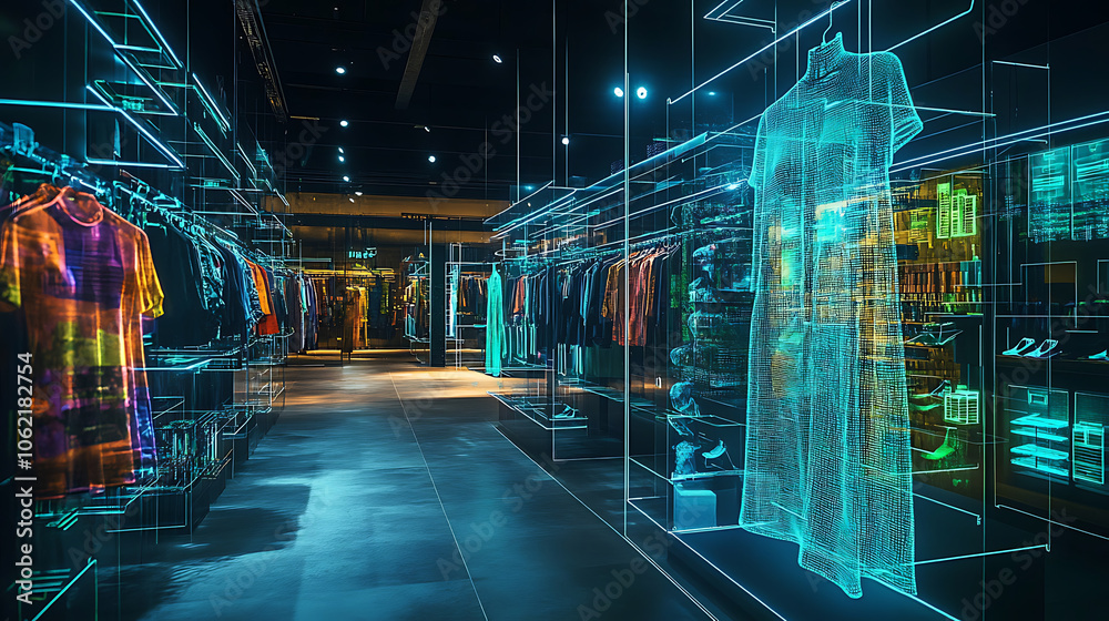 Digital twin technology enhances eco friendly fashion in modern store, showcasing holographic displays of clothing and accessories in sleek, high tech environment Digital twin technology enhances eco friendly fashion in modern store, showcasing holographic displays of clothing and accessories in sleek, high tech environment