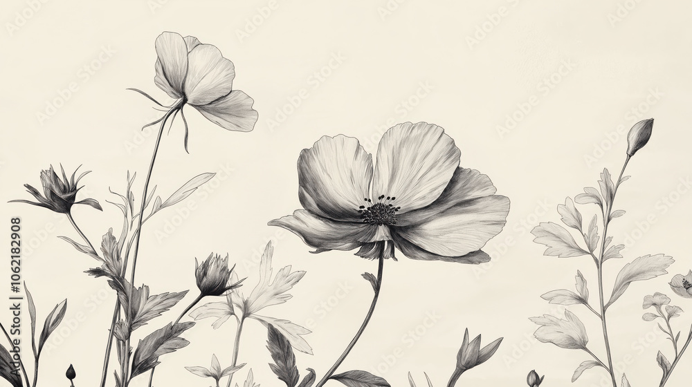 Obraz premium A black and white drawing of a field of flowers