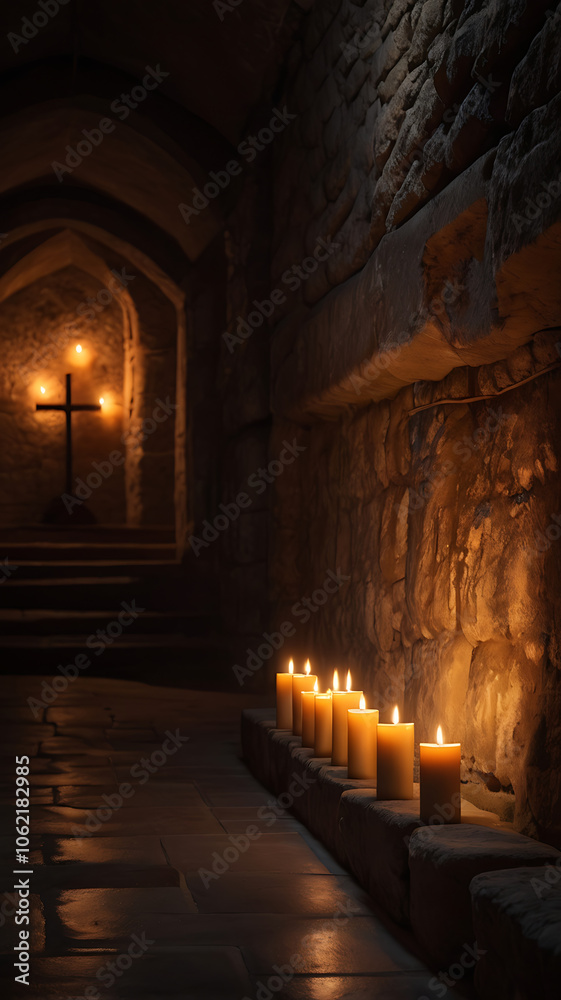 A row of lit candles in an old stone church A row of lit candles in an old stone church