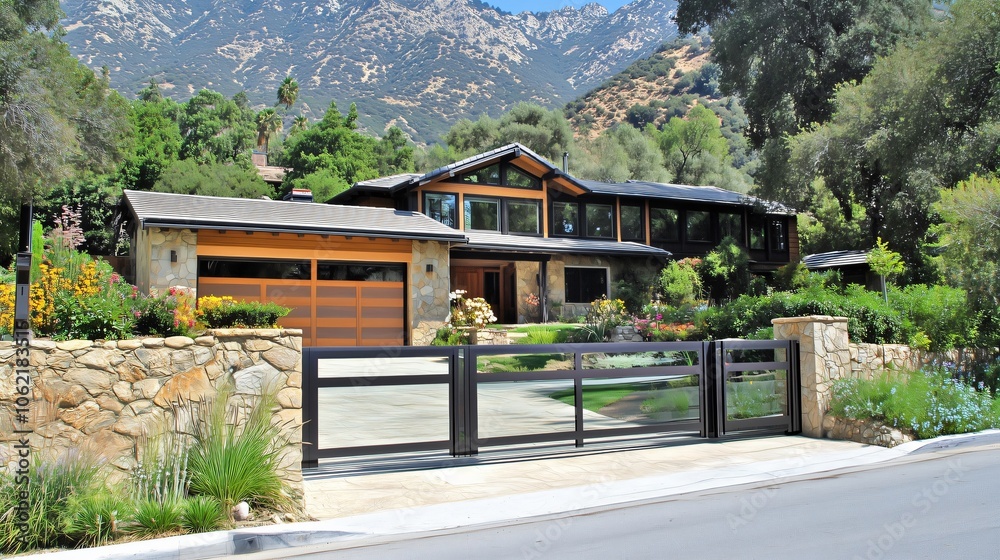 Modern sleek glass gate protecting contemporary home with mountain view Modern sleek glass gate protecting contemporary home with mountain view