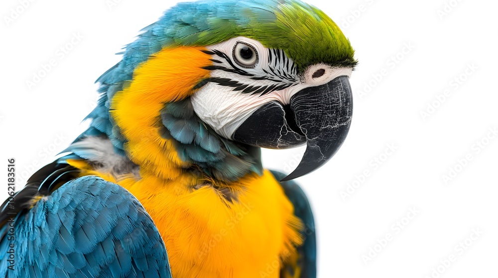 Blue-and-yellow Macaw Portrait: Close-up on a White Background
Blue-and-yellow Macaw Portrait: Close-up on a White Background