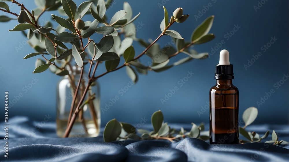 aesthetic bottle of essential oil on a blue silk background. Eucalyptus on the side. aesthetic bottle of essential oil on a blue silk background. Eucalyptus on the side.