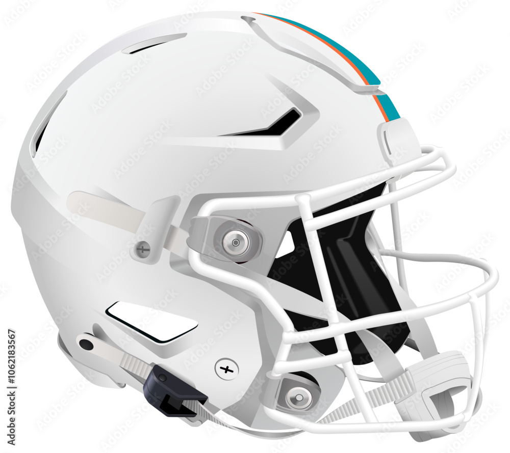 Realistic white 3D helmet for American Football with orange and green stripes. White mask with chin strap Realistic white 3D helmet for American Football with orange and green stripes. White mask with chin strap