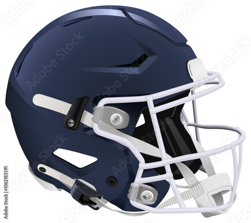 Realistic dark blue 3D helmet for American Football with white metallic mask with chin strap